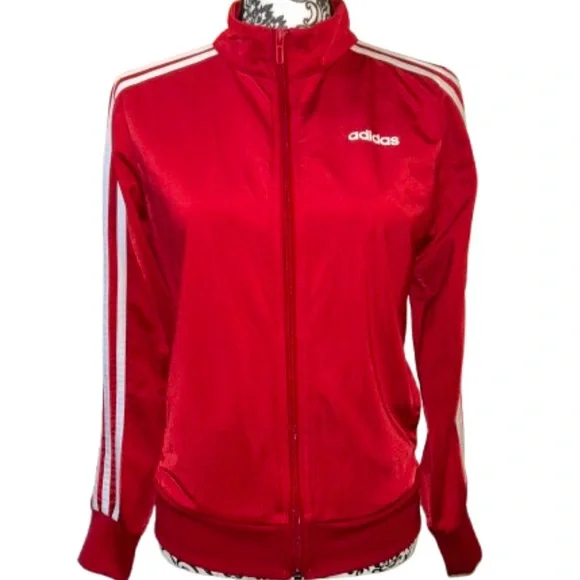 Adidas Women’s Small Zip-Front Red Essentials 3-Stripe Tricot Track Jacket - Picture 2 of 15